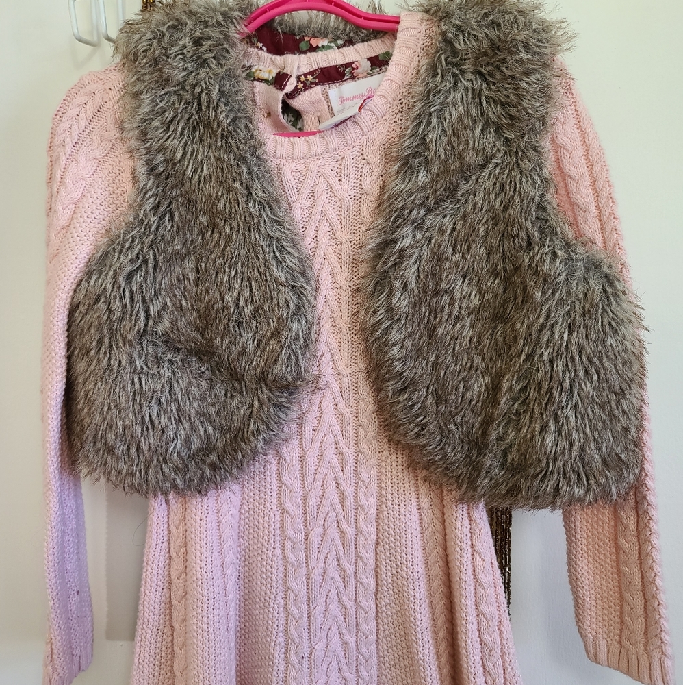 3T~4T Girls Fall Sweater Dress & Faux Fur Vest